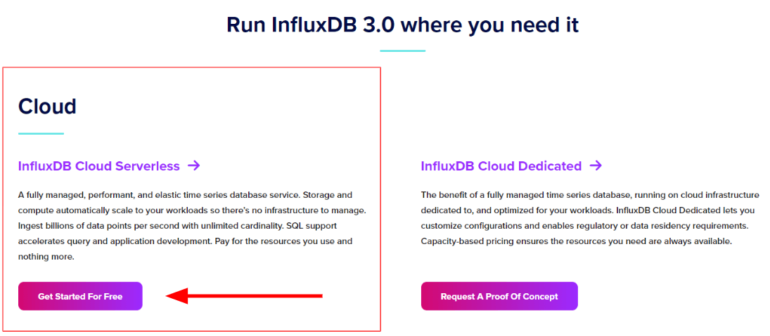 Screenshot showing the Influxdb cloud 'Getting started' button "Screenshot showing the Influxdb cloud 'Getting started' button"