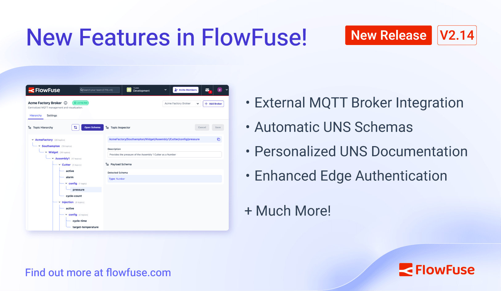 FlowFuse 2.14: Announcing Third-Party Broker Integration, UNS Schemas, Enhanced Auth on Remote Instances and more!