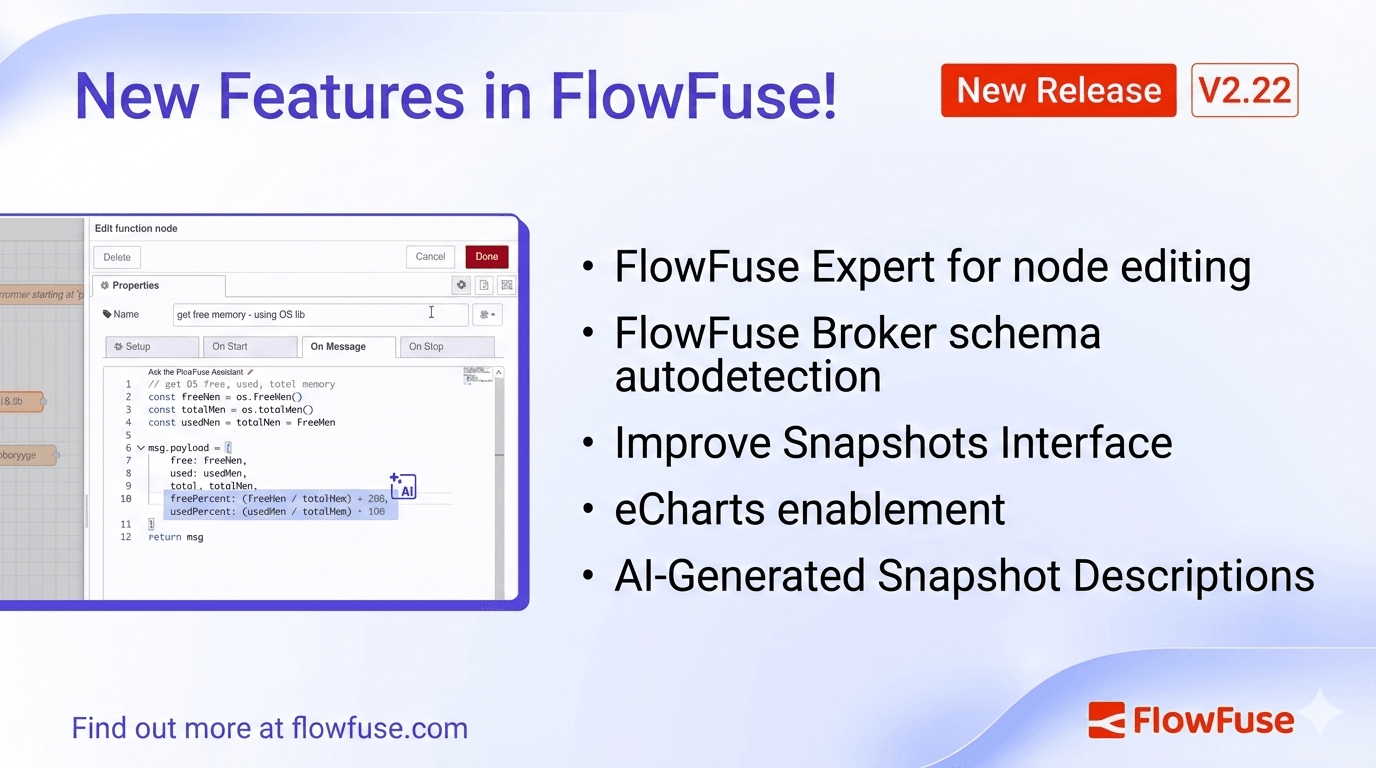FlowFuse 2.22: FlowFuse Expert for node editing, FlowFuse Broker schema autodetection, Improved Snapshots Interface, eCharts enablement, and FlowFuse Dashboard Updates