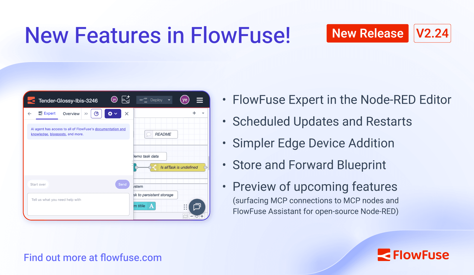 FlowFuse 2.24: FlowFuse Expert in the Node-RED Editor, Scheduled Updates, Simpler Edge Device Addition, Store and Forward Blueprint, and what's next!