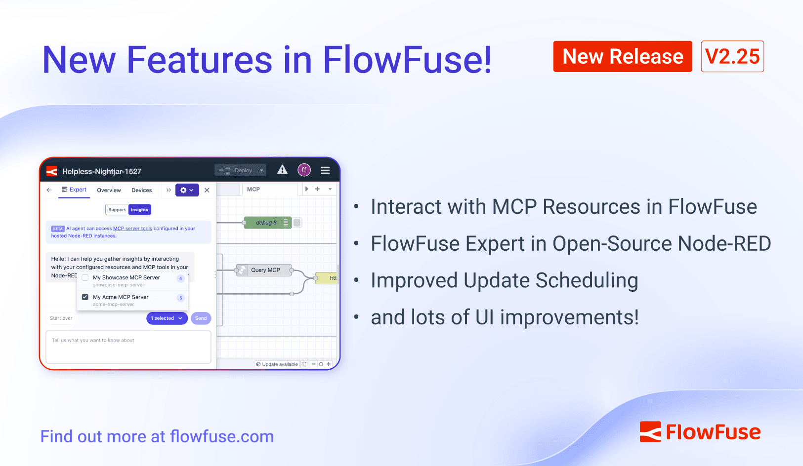 FlowFuse 2.25: Interacting with MCP Resources in FlowFuse Expert, Improved Update Scheduling, and lots of UI improvements!